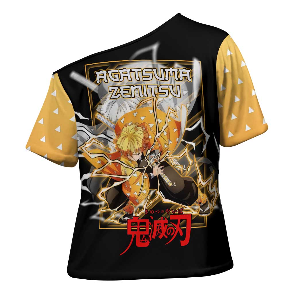 Agatsuma Zenitsu Demon Slayer Cross Shoulder Shirt with Yellow and Black Lightning Style Design - The Mazicc