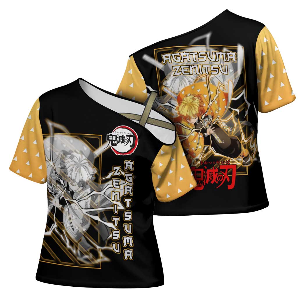 Agatsuma Zenitsu Demon Slayer Cross Shoulder Shirt with Yellow and Black Lightning Style Design - The Mazicc