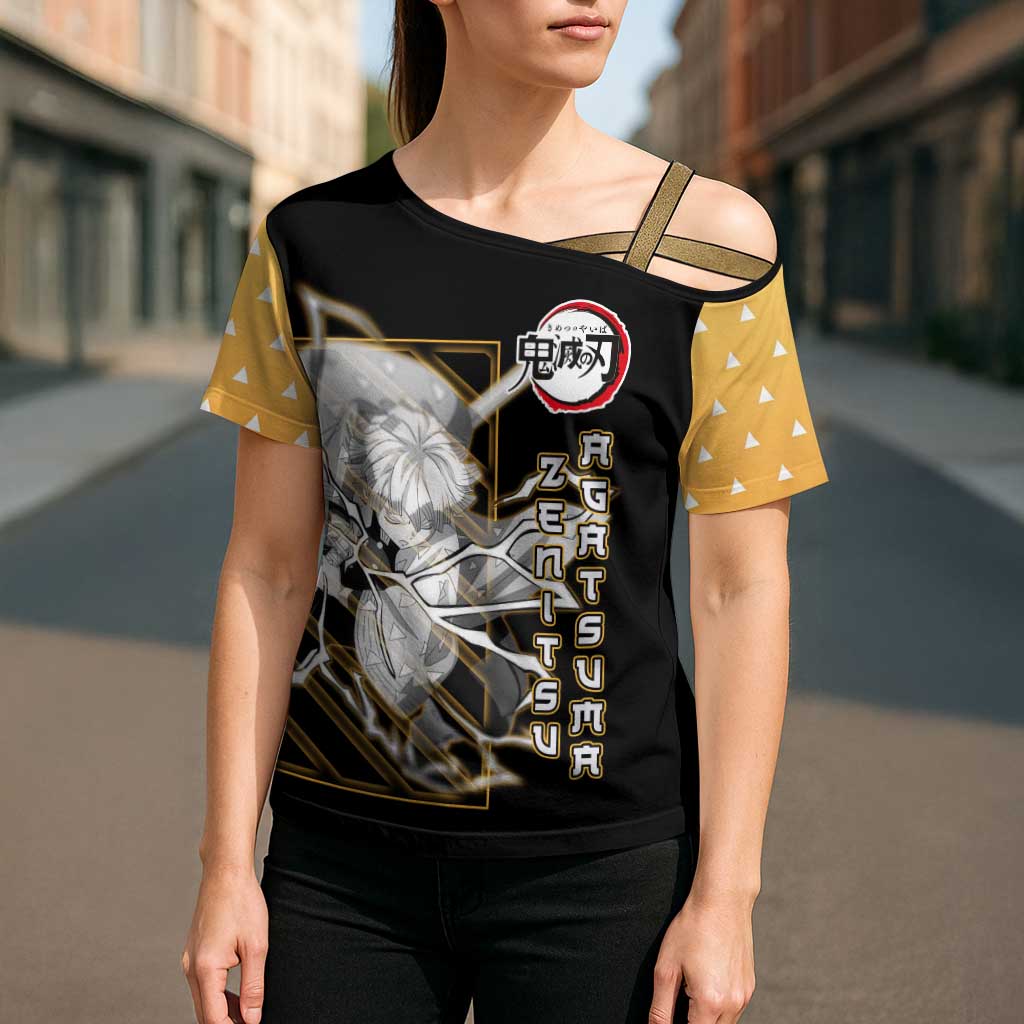 Agatsuma Zenitsu Demon Slayer Cross Shoulder Shirt with Yellow and Black Lightning Style Design - The Mazicc