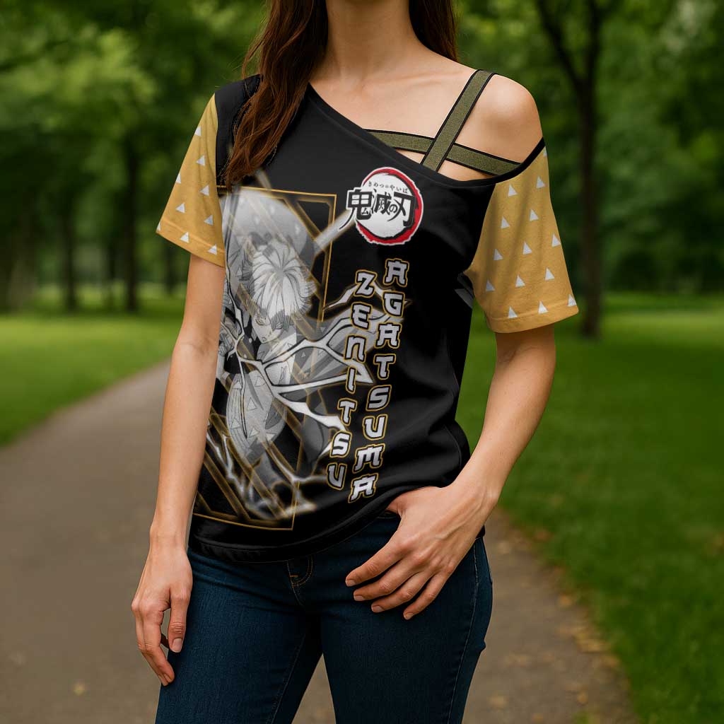 Agatsuma Zenitsu Demon Slayer Cross Shoulder Shirt with Yellow and Black Lightning Style Design - The Mazicc