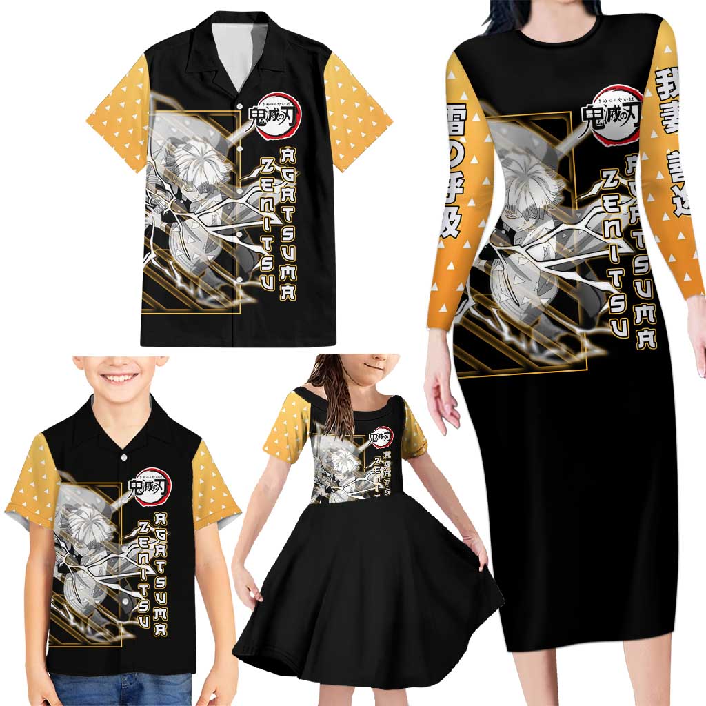 Agatsuma Zenitsu Demon Slayer Family Matching Long Sleeve Bodycon Dress and Hawaiian Shirt with Yellow and Black Lightning Style Design - The Mazicc