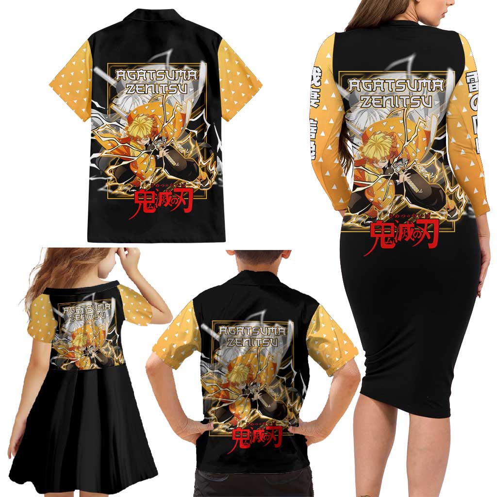 Agatsuma Zenitsu Demon Slayer Family Matching Long Sleeve Bodycon Dress and Hawaiian Shirt with Yellow and Black Lightning Style Design - The Mazicc