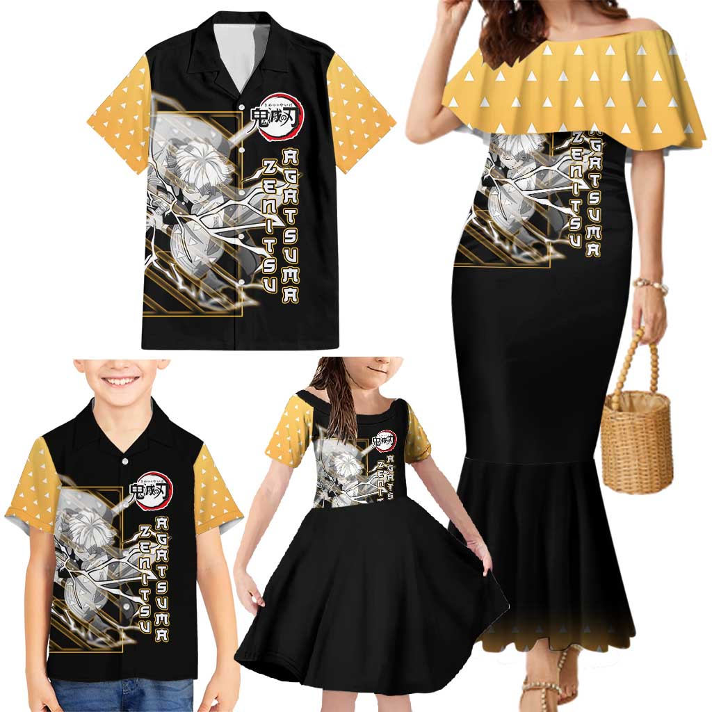 Agatsuma Zenitsu Demon Slayer Family Matching Mermaid Dress and Hawaiian Shirt with Yellow and Black Lightning Style Design - The Mazicc