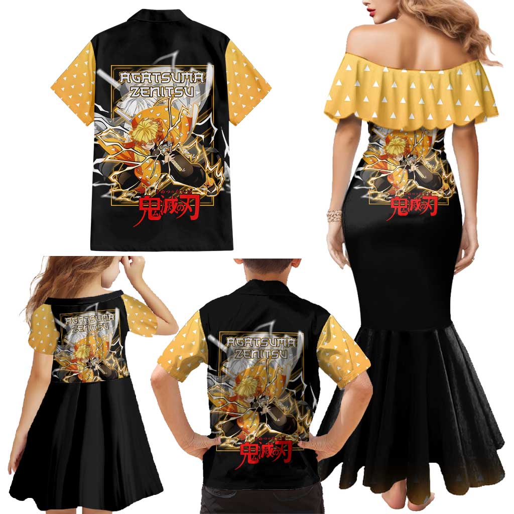 Agatsuma Zenitsu Demon Slayer Family Matching Mermaid Dress and Hawaiian Shirt with Yellow and Black Lightning Style Design - The Mazicc