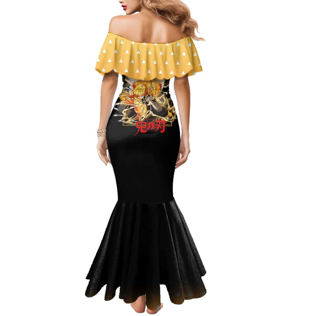 Agatsuma Zenitsu Demon Slayer Family Matching Mermaid Dress and Hawaiian Shirt with Yellow and Black Lightning Style Design - The Mazicc