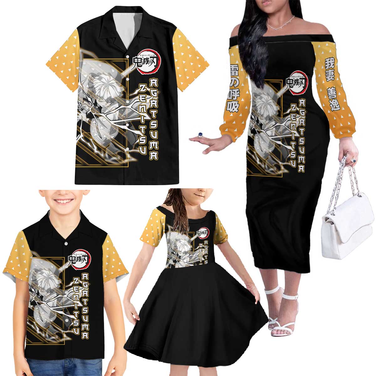 Agatsuma Zenitsu Demon Slayer Family Matching Off The Shoulder Long Sleeve Dress and Hawaiian Shirt with Yellow and Black Lightning Style Design - The Mazicc