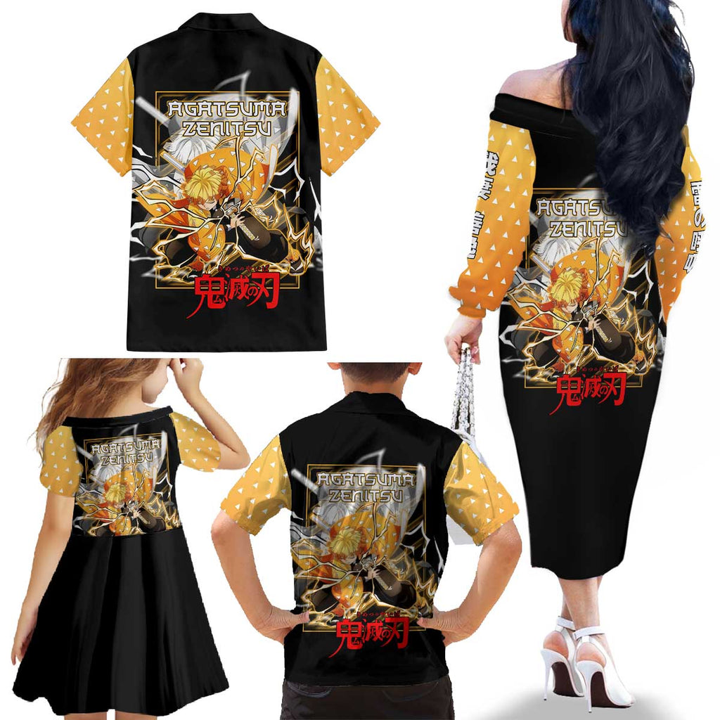 Agatsuma Zenitsu Demon Slayer Family Matching Off The Shoulder Long Sleeve Dress and Hawaiian Shirt with Yellow and Black Lightning Style Design - The Mazicc