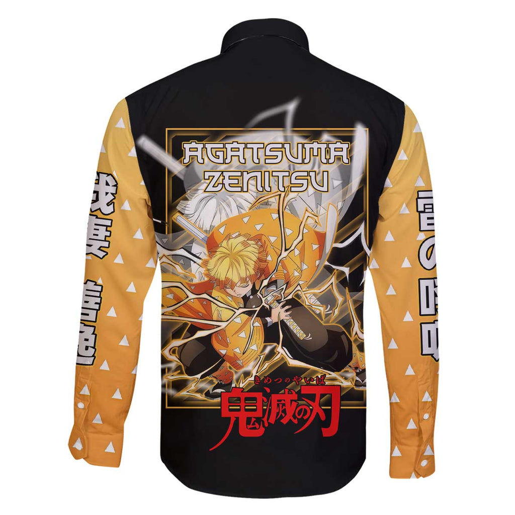 Agatsuma Zenitsu Demon Slayer Family Matching Off The Shoulder Long Sleeve Dress and Hawaiian Shirt with Yellow and Black Lightning Style Design - The Mazicc