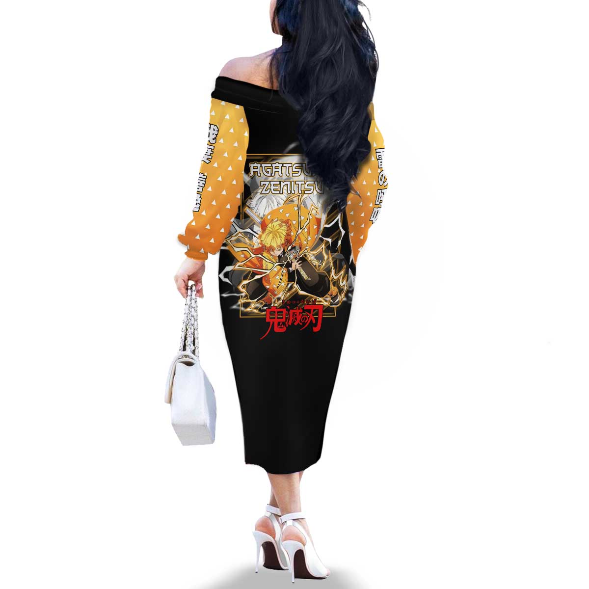 Agatsuma Zenitsu Demon Slayer Family Matching Off The Shoulder Long Sleeve Dress and Hawaiian Shirt with Yellow and Black Lightning Style Design - The Mazicc