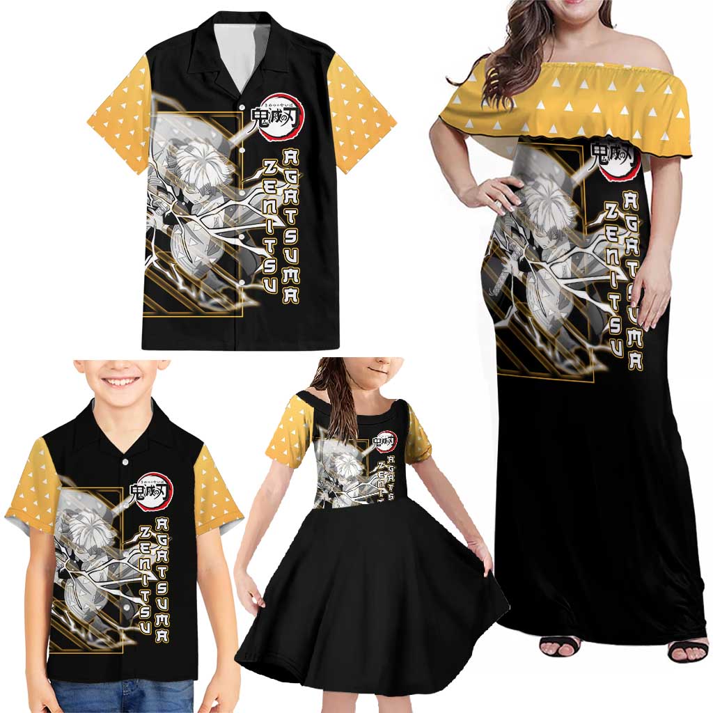 Agatsuma Zenitsu Demon Slayer Family Matching Off Shoulder Maxi Dress and Hawaiian Shirt with Yellow and Black Lightning Style Design - The Mazicc