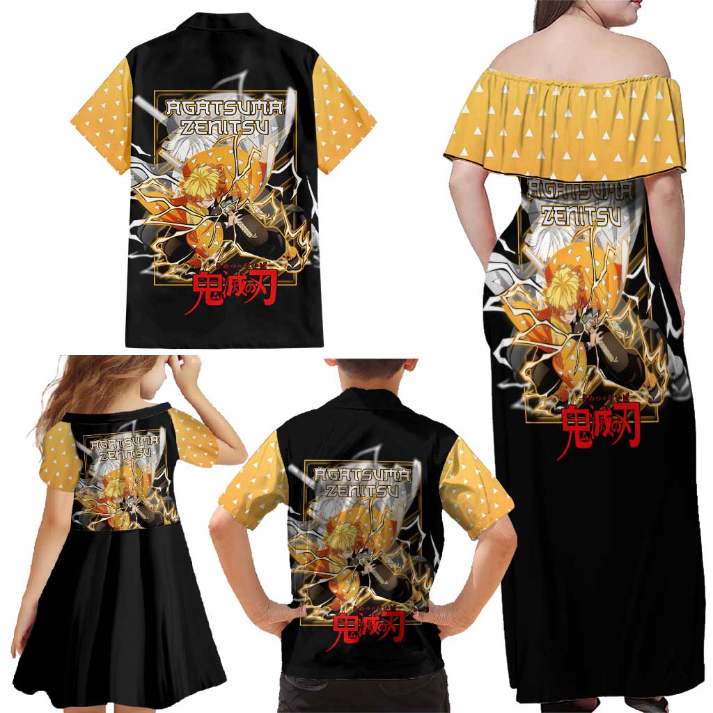 Agatsuma Zenitsu Demon Slayer Family Matching Off Shoulder Maxi Dress and Hawaiian Shirt with Yellow and Black Lightning Style Design - The Mazicc
