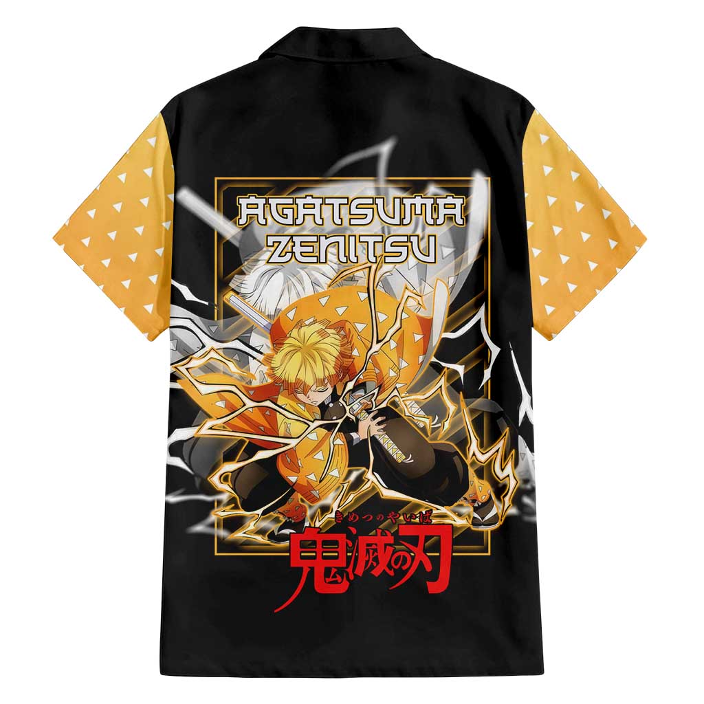Agatsuma Zenitsu Demon Slayer Family Matching Off Shoulder Maxi Dress and Hawaiian Shirt with Yellow and Black Lightning Style Design - The Mazicc