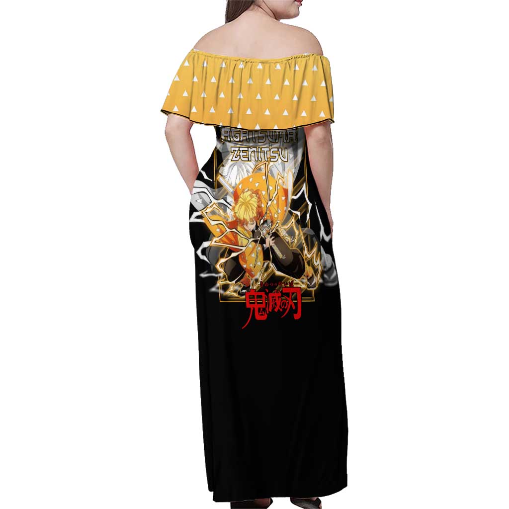 Agatsuma Zenitsu Demon Slayer Family Matching Off Shoulder Maxi Dress and Hawaiian Shirt with Yellow and Black Lightning Style Design - The Mazicc