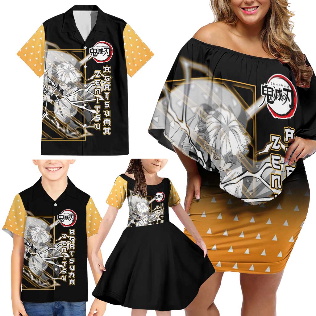 Agatsuma Zenitsu Demon Slayer Family Matching Off Shoulder Short Dress and Hawaiian Shirt with Yellow and Black Lightning Style Design - The Mazicc
