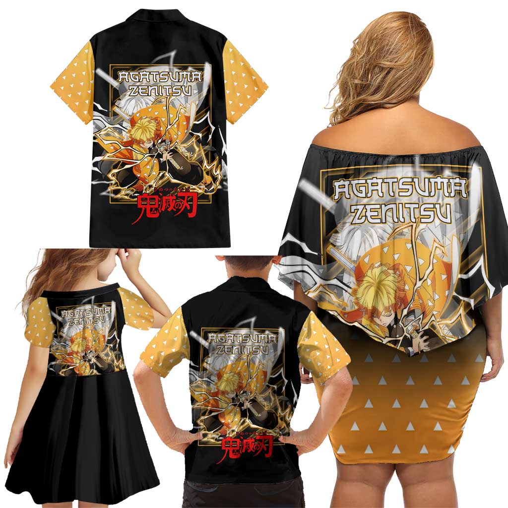 Agatsuma Zenitsu Demon Slayer Family Matching Off Shoulder Short Dress and Hawaiian Shirt with Yellow and Black Lightning Style Design - The Mazicc