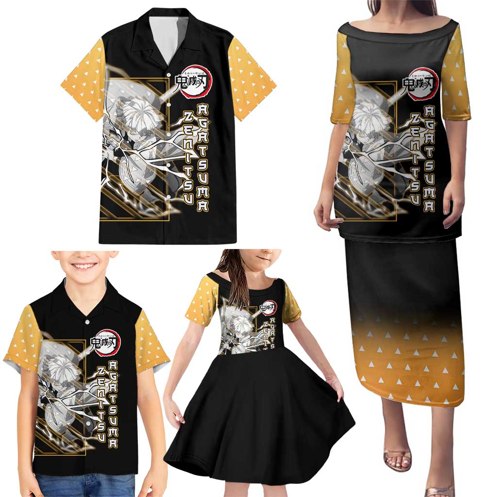 Agatsuma Zenitsu Demon Slayer Family Matching Puletasi and Hawaiian Shirt with Yellow and Black Lightning Style Design - The Mazicc