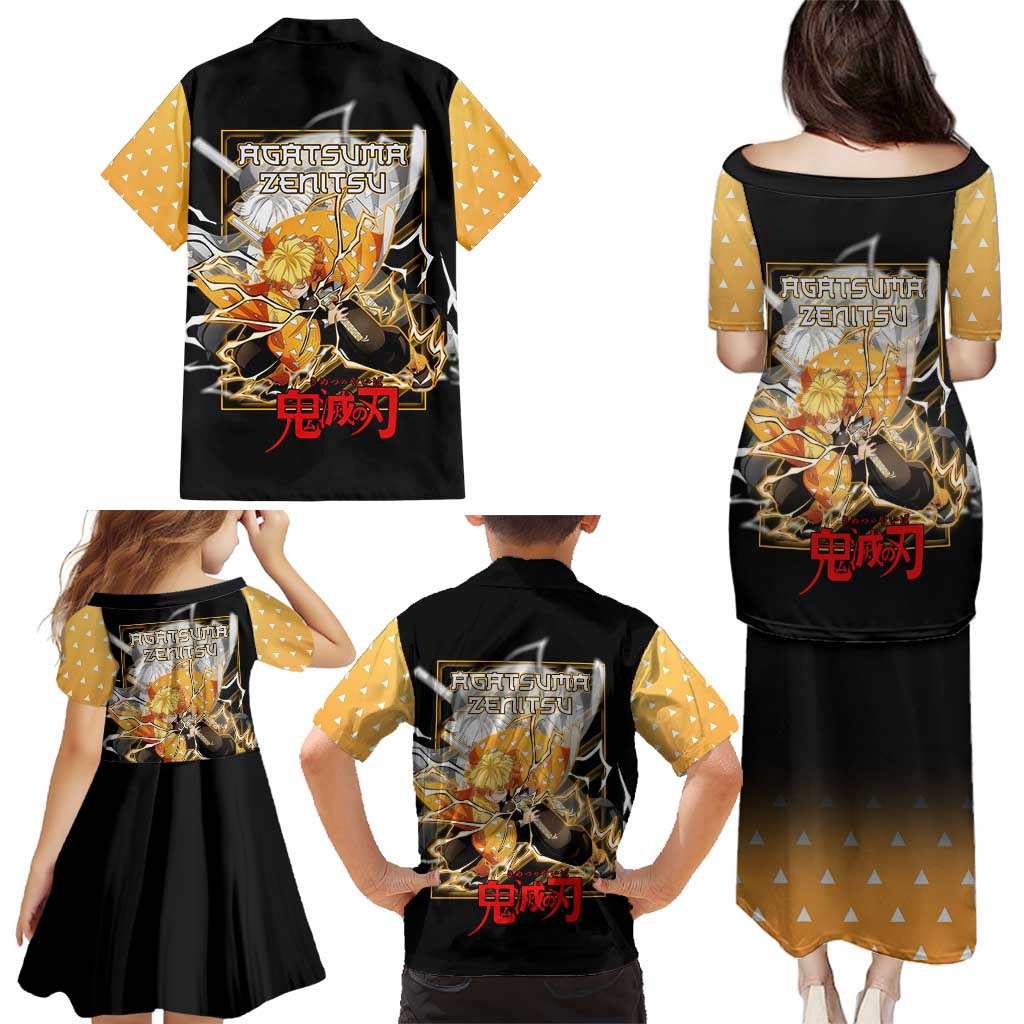 Agatsuma Zenitsu Demon Slayer Family Matching Puletasi and Hawaiian Shirt with Yellow and Black Lightning Style Design - The Mazicc