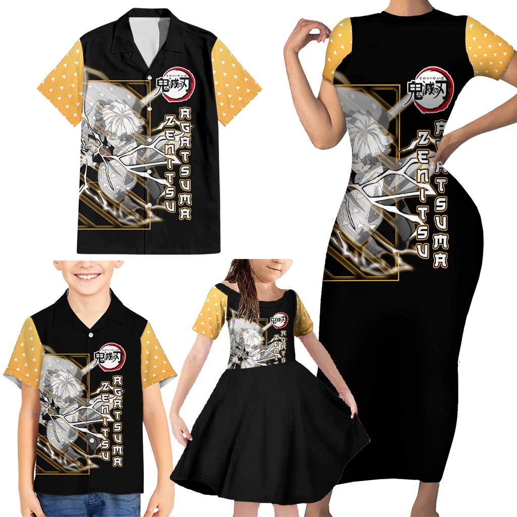 Agatsuma Zenitsu Demon Slayer Family Matching Short Sleeve Bodycon Dress and Hawaiian Shirt with Yellow and Black Lightning Style Design - The Mazicc