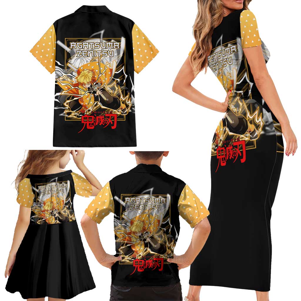Agatsuma Zenitsu Demon Slayer Family Matching Short Sleeve Bodycon Dress and Hawaiian Shirt with Yellow and Black Lightning Style Design - The Mazicc