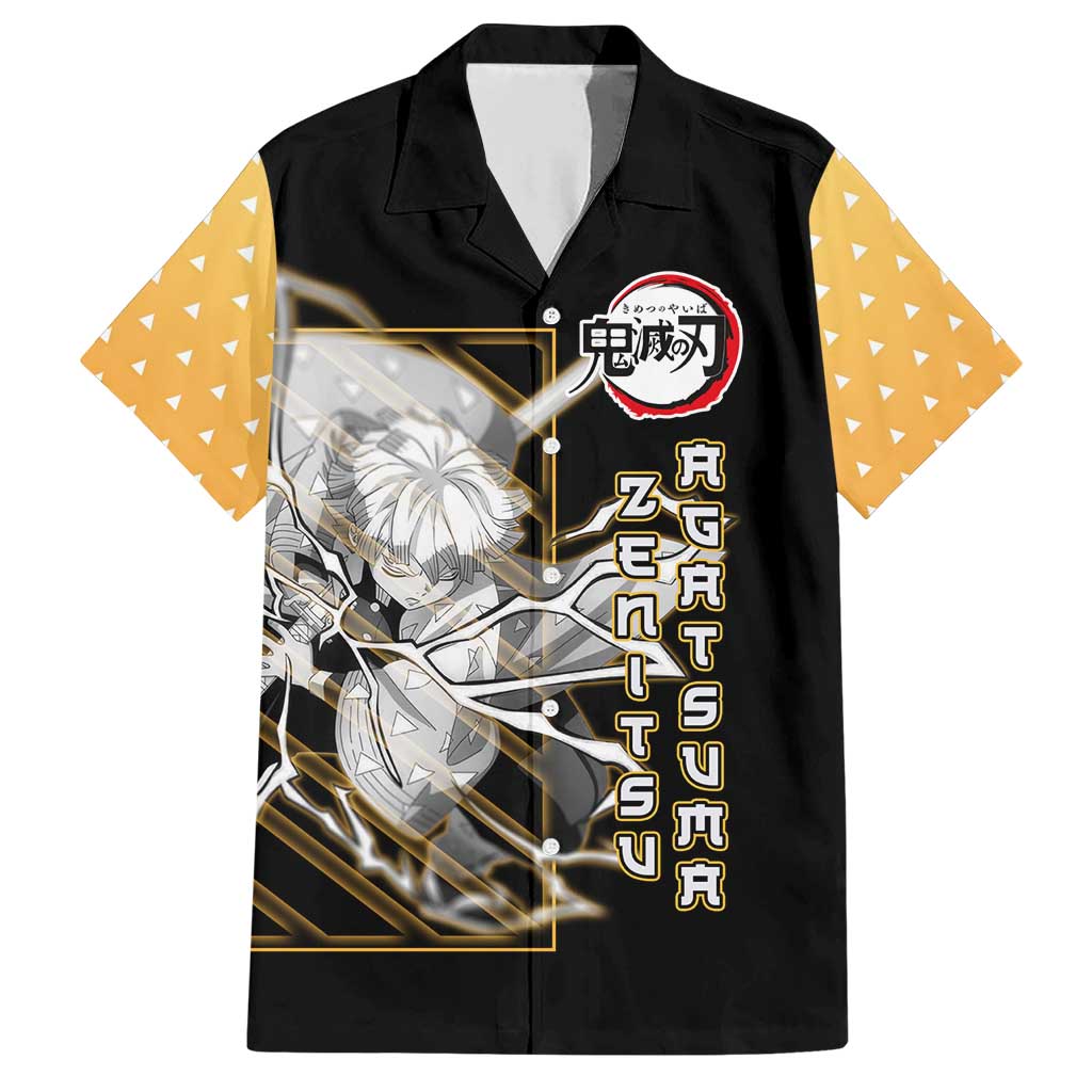 Agatsuma Zenitsu Demon Slayer Family Matching Short Sleeve Bodycon Dress and Hawaiian Shirt with Yellow and Black Lightning Style Design - The Mazicc