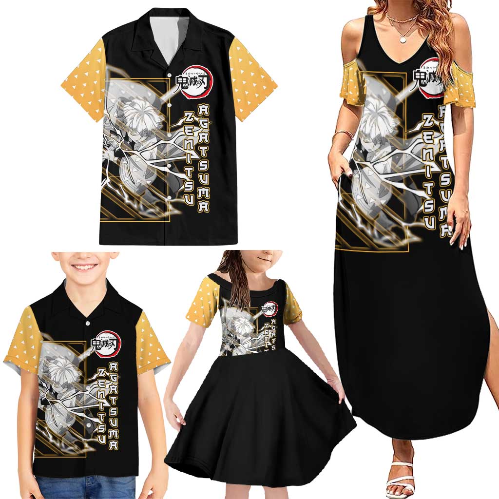 Agatsuma Zenitsu Demon Slayer Family Matching Summer Maxi Dress and Hawaiian Shirt with Yellow and Black Lightning Style Design - The Mazicc