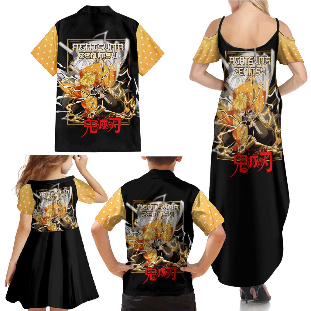 Agatsuma Zenitsu Demon Slayer Family Matching Summer Maxi Dress and Hawaiian Shirt with Yellow and Black Lightning Style Design - The Mazicc