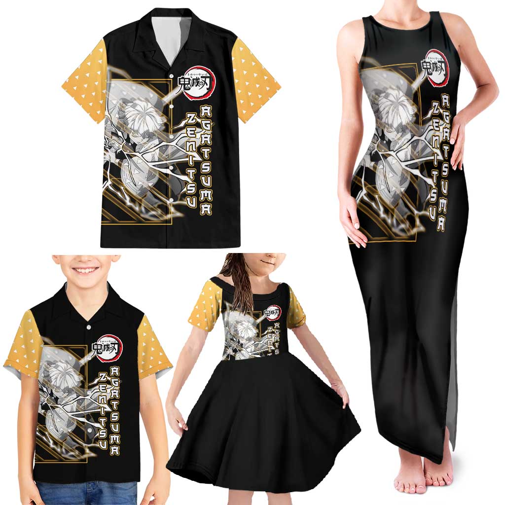 Agatsuma Zenitsu Demon Slayer Family Matching Tank Maxi Dress and Hawaiian Shirt with Yellow and Black Lightning Style Design - The Mazicc