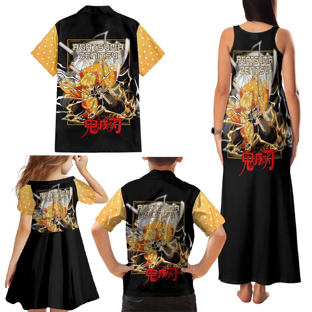 Agatsuma Zenitsu Demon Slayer Family Matching Tank Maxi Dress and Hawaiian Shirt with Yellow and Black Lightning Style Design - The Mazicc