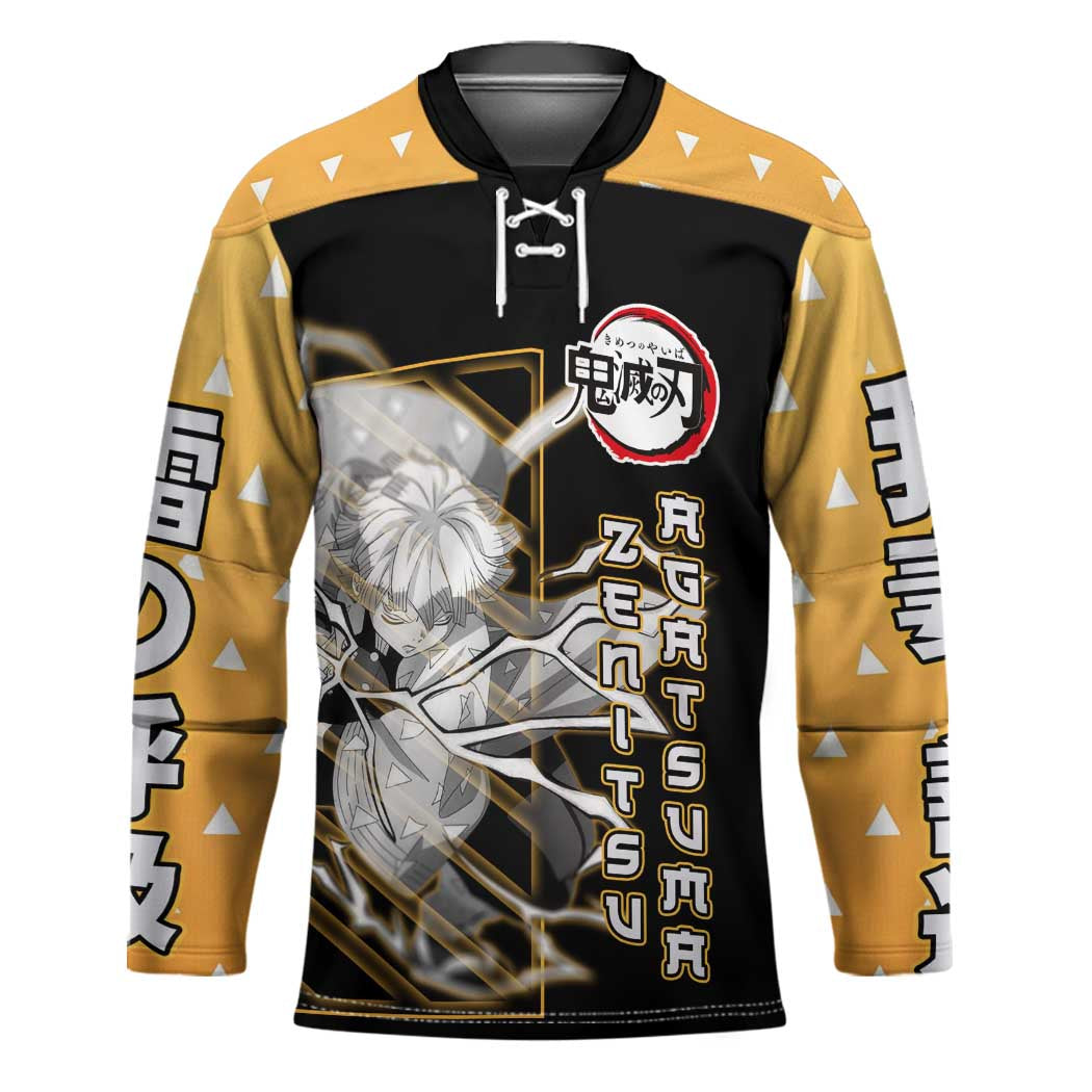 Agatsuma Zenitsu Demon Slayer Hockey Jersey with Yellow and Black Lightning Style Design - The Mazicc