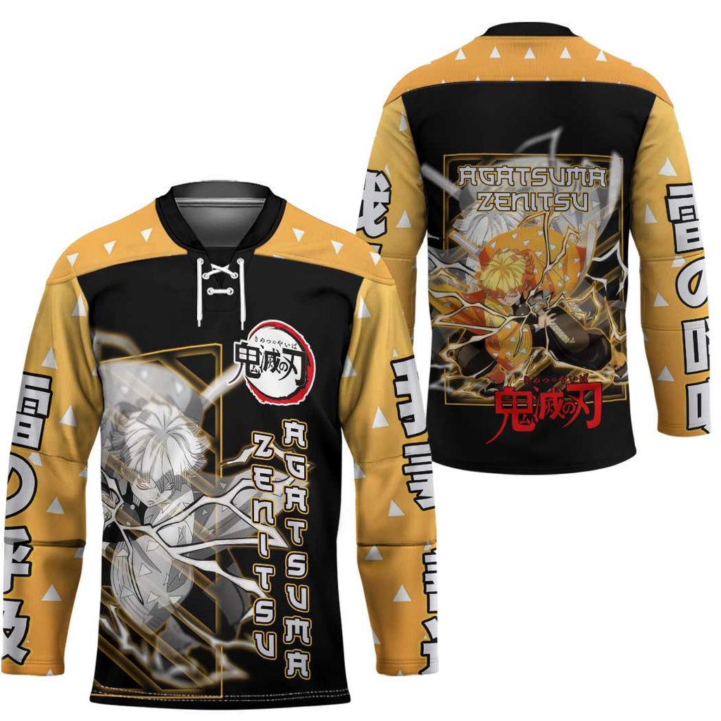 Agatsuma Zenitsu Demon Slayer Hockey Jersey with Yellow and Black Lightning Style Design - The Mazicc