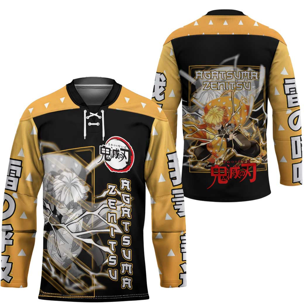 Agatsuma Zenitsu Demon Slayer Hockey Jersey with Yellow and Black Lightning Style Design - The Mazicc