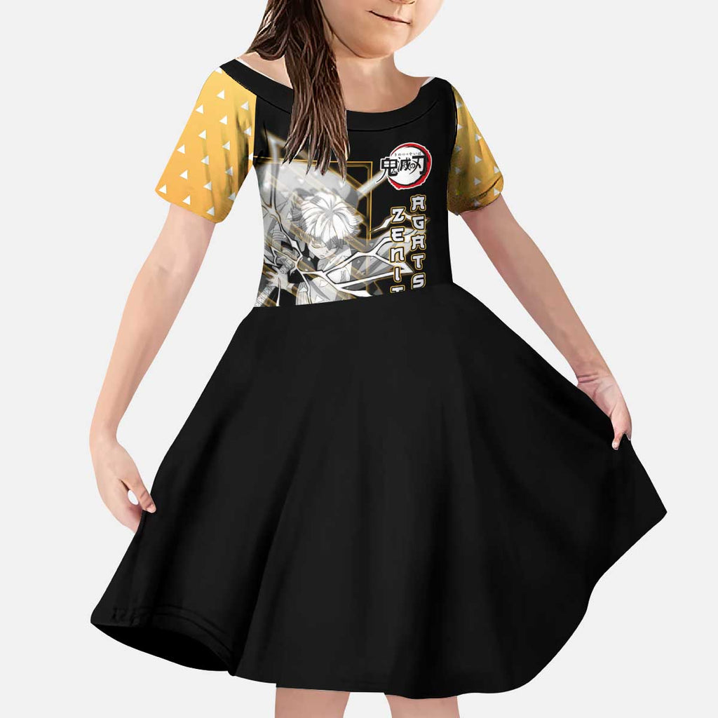 Agatsuma Zenitsu Demon Slayer Kid Short Sleeve Dress with Yellow and Black Lightning Style Design - The Mazicc