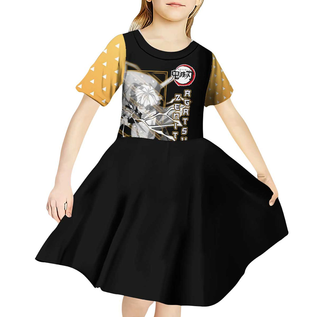 Agatsuma Zenitsu Demon Slayer Kid Short Sleeve Dress with Yellow and Black Lightning Style Design - The Mazicc