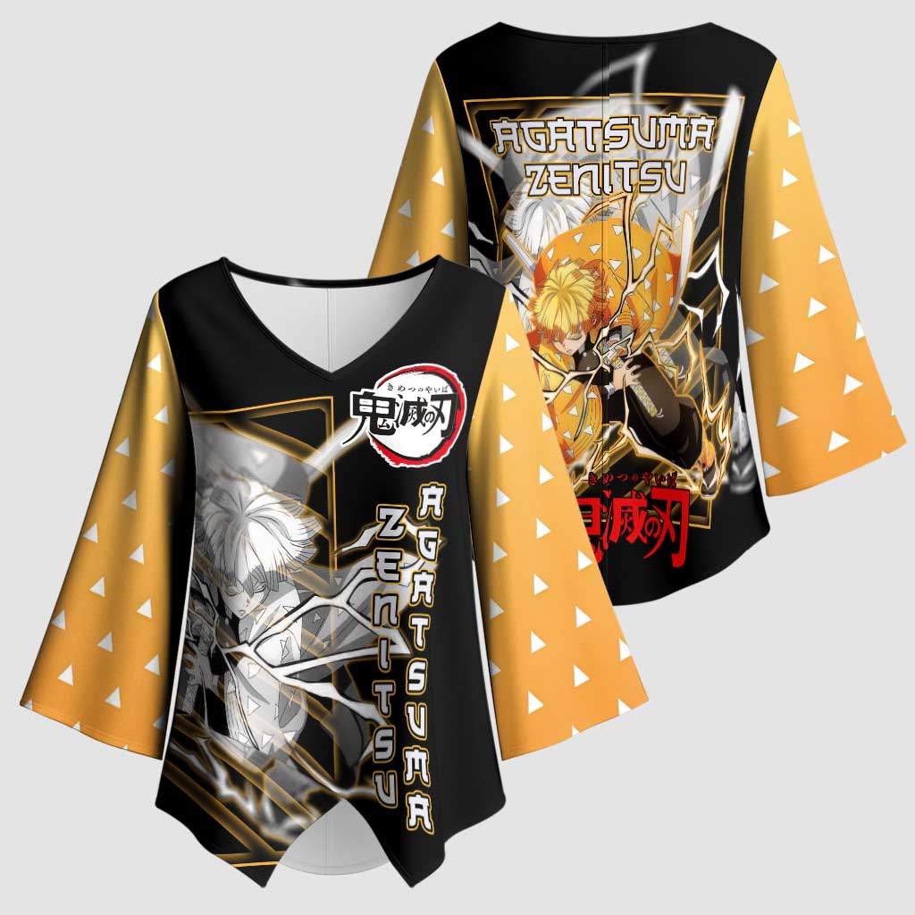 Agatsuma Zenitsu Demon Slayer Kimono Sleeve Blouse with Yellow and Black Lightning Style Design - The Mazicc