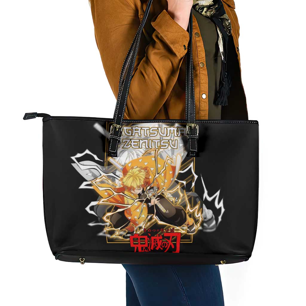 Agatsuma Zenitsu Demon Slayer Leather Tote Bag with Yellow and Black Lightning Style Design - The Mazicc