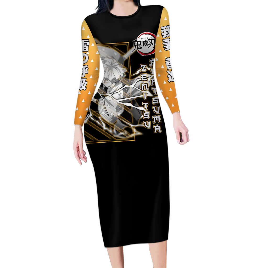 Agatsuma Zenitsu Demon Slayer Long Sleeve Bodycon Dress with Yellow and Black Lightning Style Design - The Mazicc
