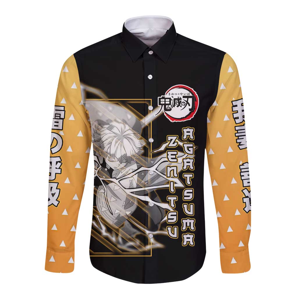 Agatsuma Zenitsu Demon Slayer Long Sleeve Button Shirt with Yellow and Black Lightning Style Design - The Mazicc