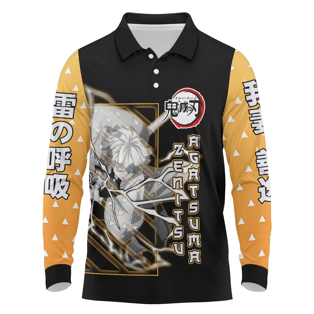 Agatsuma Zenitsu Demon Slayer Long Sleeve Polo Shirt with Yellow and Black Lightning Style Design - The Mazicc