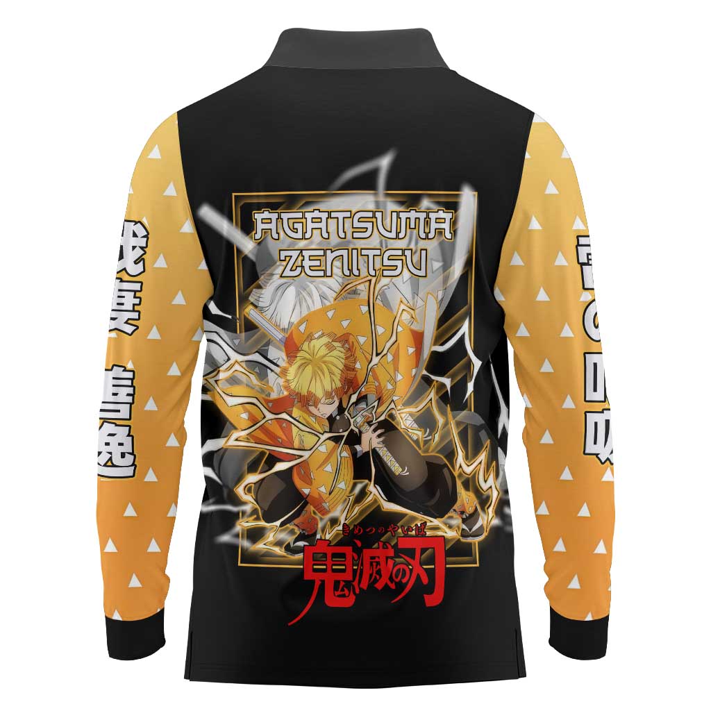 Agatsuma Zenitsu Demon Slayer Long Sleeve Polo Shirt with Yellow and Black Lightning Style Design - The Mazicc