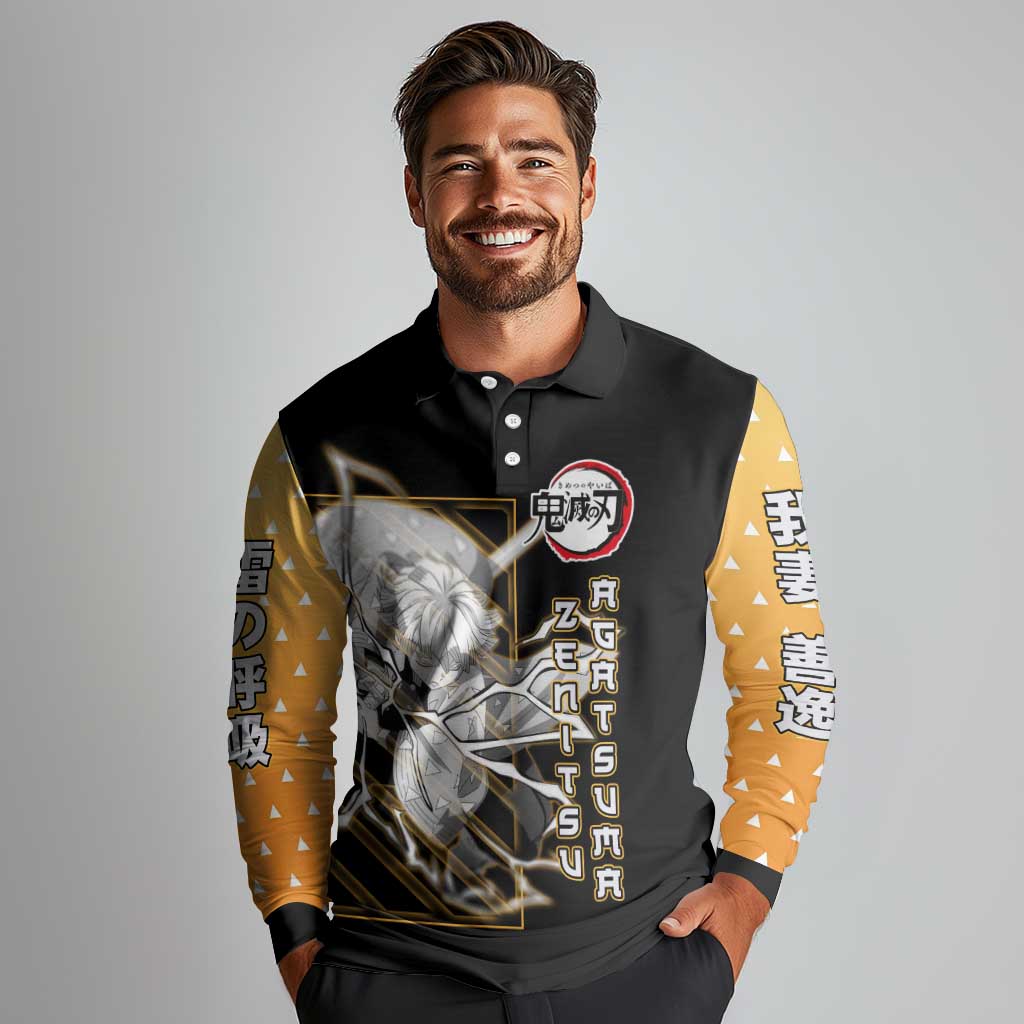 Agatsuma Zenitsu Demon Slayer Long Sleeve Polo Shirt with Yellow and Black Lightning Style Design - The Mazicc