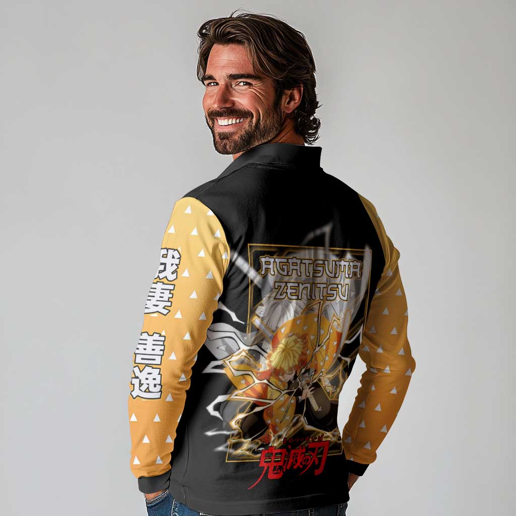 Agatsuma Zenitsu Demon Slayer Long Sleeve Polo Shirt with Yellow and Black Lightning Style Design - The Mazicc