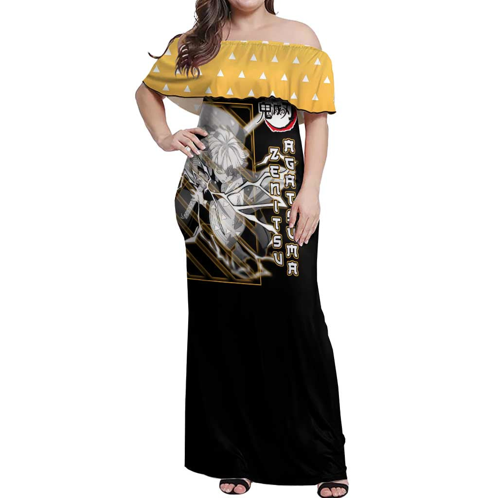 Agatsuma Zenitsu Demon Slayer Off Shoulder Maxi Dress with Yellow and Black Lightning Style Design - The Mazicc