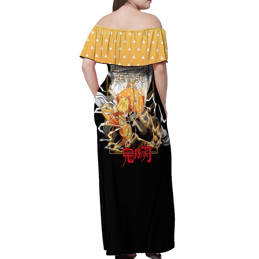 Agatsuma Zenitsu Demon Slayer Off Shoulder Maxi Dress with Yellow and Black Lightning Style Design - The Mazicc