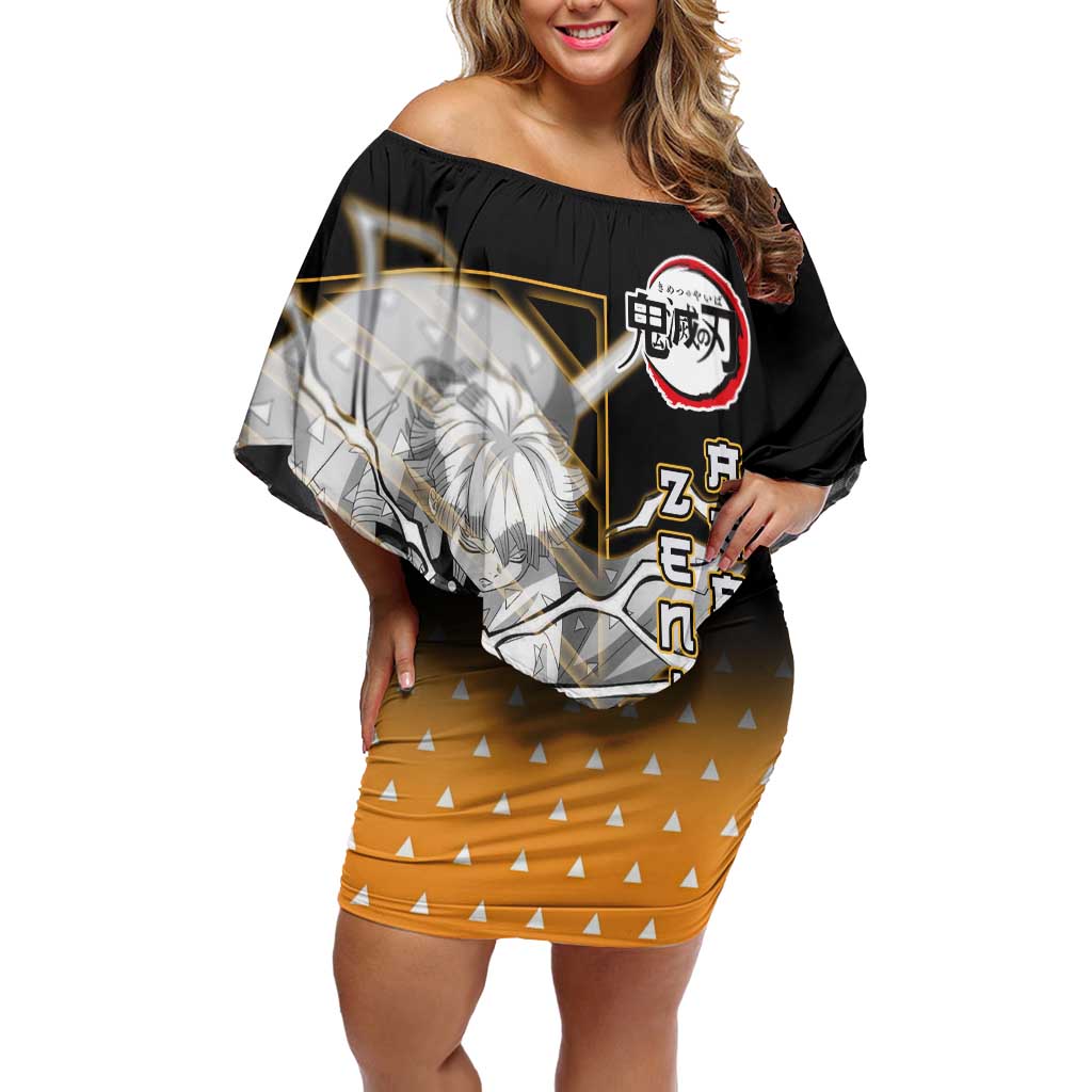 Agatsuma Zenitsu Demon Slayer Off Shoulder Short Dress with Yellow and Black Lightning Style Design - The Mazicc