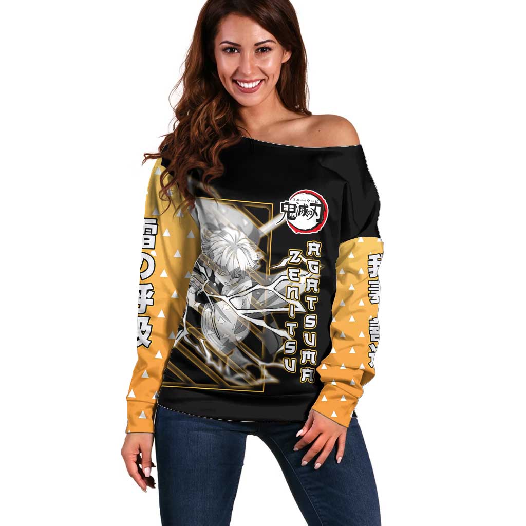 Agatsuma Zenitsu Demon Slayer Off Shoulder Sweater with Yellow and Black Lightning Style Design - The Mazicc
