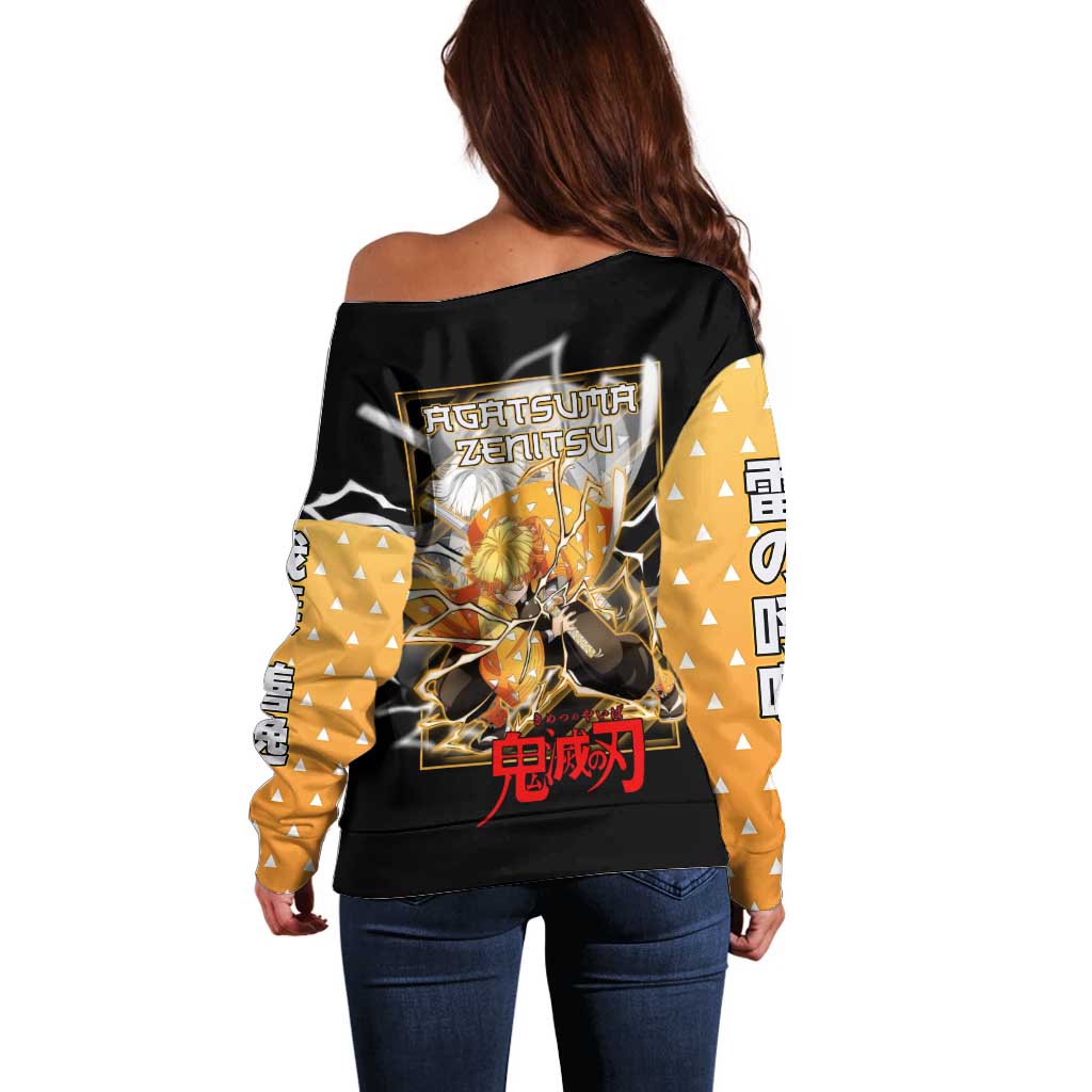 Agatsuma Zenitsu Demon Slayer Off Shoulder Sweater with Yellow and Black Lightning Style Design - The Mazicc