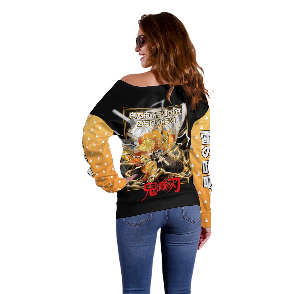 Agatsuma Zenitsu Demon Slayer Off Shoulder Sweater with Yellow and Black Lightning Style Design - The Mazicc