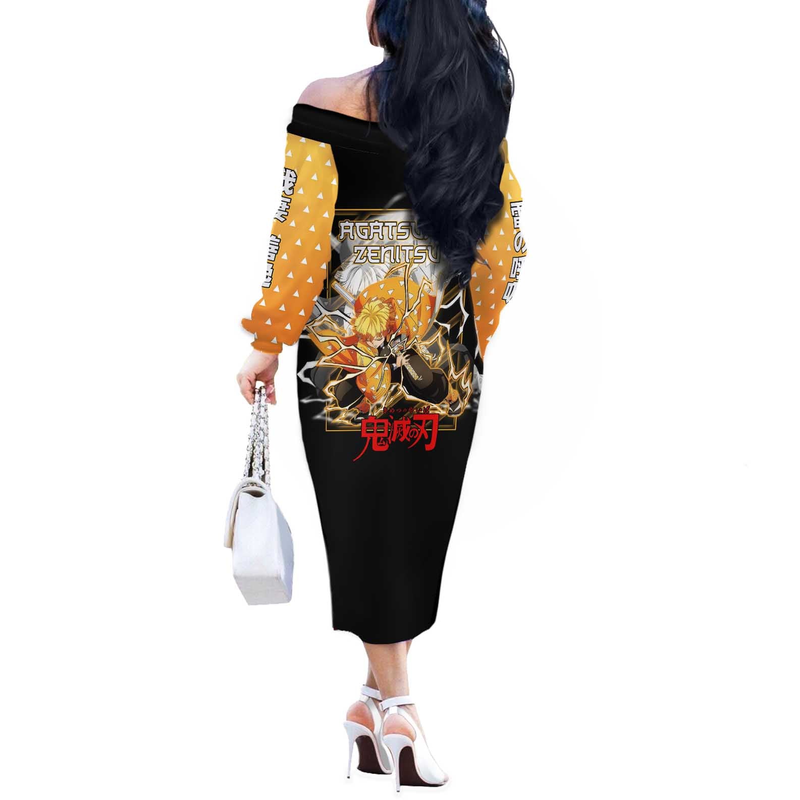 Agatsuma Zenitsu Demon Slayer Off The Shoulder Long Sleeve Dress with Yellow and Black Lightning Style Design - The Mazicc