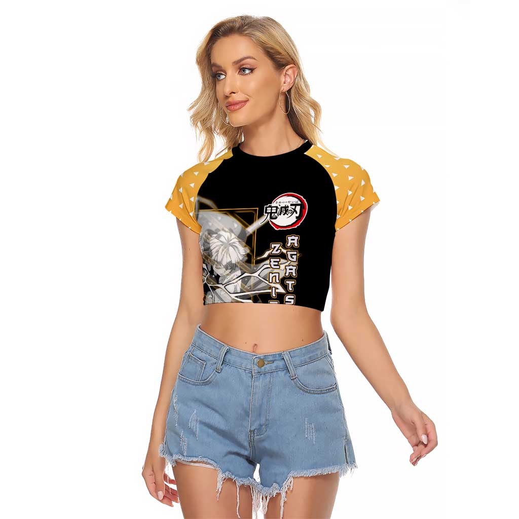 Agatsuma Zenitsu Demon Slayer Raglan Cropped T Shirt with Yellow and Black Lightning Style Design - The Mazicc