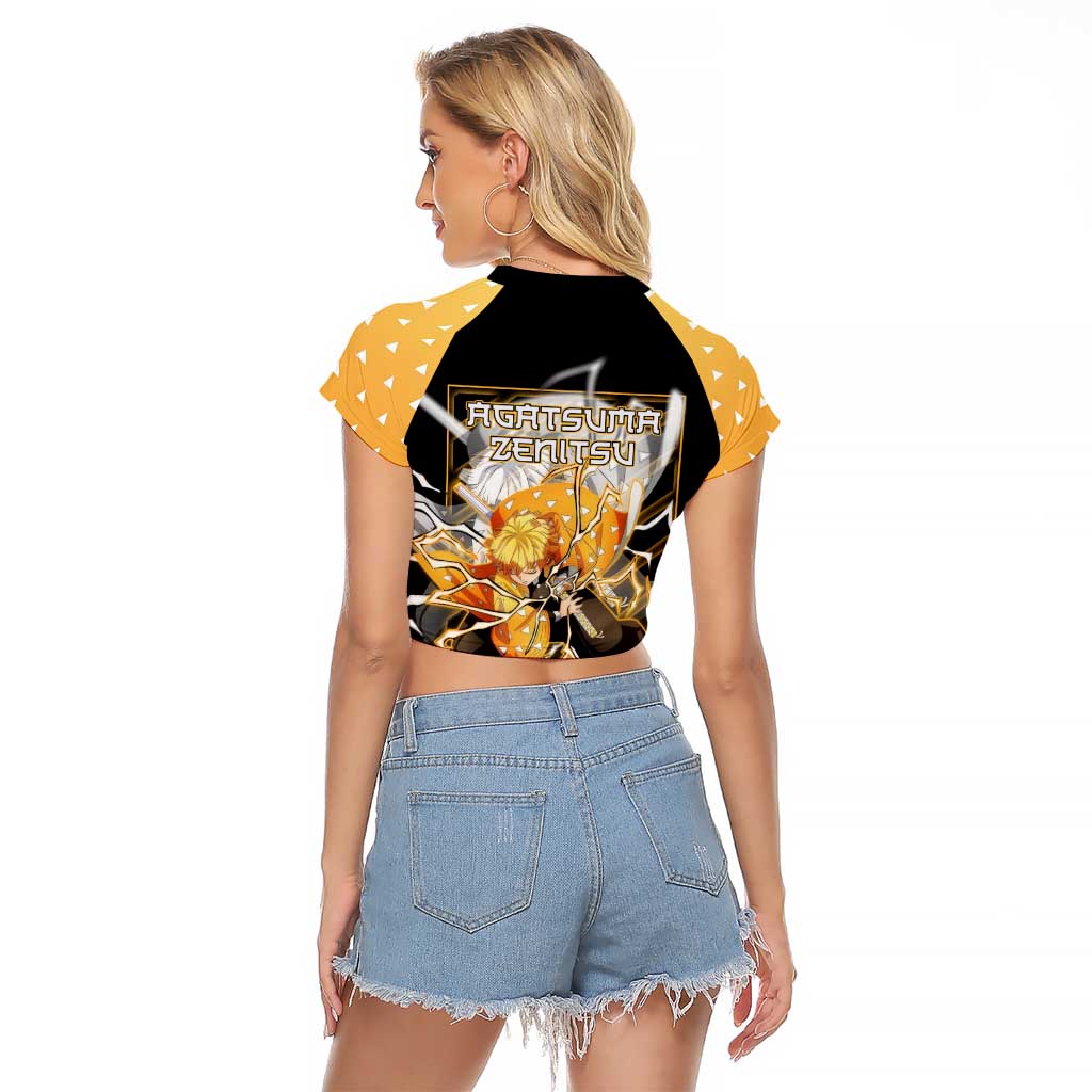 Agatsuma Zenitsu Demon Slayer Raglan Cropped T Shirt with Yellow and Black Lightning Style Design - The Mazicc